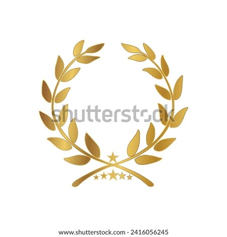 Gold Laurel Wreath Icon. Vector Flat illustrationisolated on white. Winner label made of twigs with green leaves. Victory logo. First place, award icon