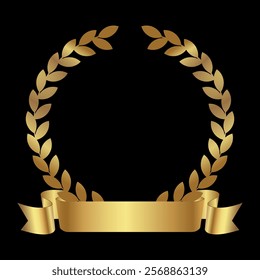 Gold laurel wreath isolated on black background. Laurel wreath with gold ribbon. Golden laurel wreath with ribbon.Vector laurel wreath.