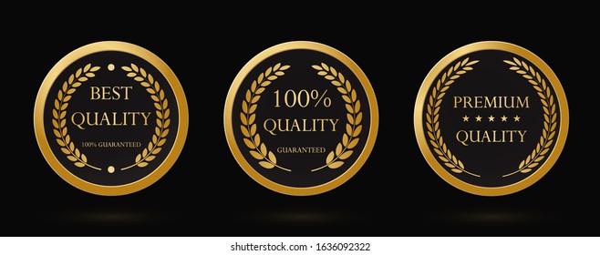 Gold laurel wreath or laureate wreath as award, ribbon. Laurel leaves as premium best quality label. Product premium quality tag, label. Gold Laureate award, badge, medal Vector illustration