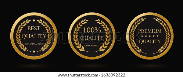 Gold laurel wreath or laureate wreath as\
award, ribbon. Laurel leaves as premium best quality label. Product\
premium quality tag, label. Gold Laureate award, badge, medal\
Vector illustration