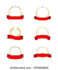 gold laurel wreath with red ribbon icon set