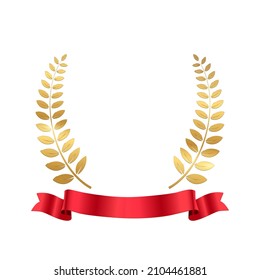 Gold laurel wreath with red ribbon vector illustration. 3d golden award with olive branch for winner, victory prize badge or premium certificate for ceremony isolated on white background