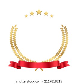 Gold laurel wreath with red ribbon and stars vector illustration. 3d golden award with olive branch for winner, victory prize badge or premium certificate for ceremony isolated on white background