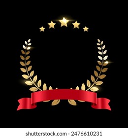 Gold laurel wreath with red ribbon, stars and place for name of winner. Award icon. Champion reward. 3d realistic luxury leadership prize for awarding ceremony, competition, championship, best player.