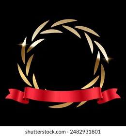 Gold laurel wreath with red ribbon and place for name of winner. Award icon. Champion reward. 3d realistic luxury leadership prize for awarding ceremony, competition, championship, best player, movie.