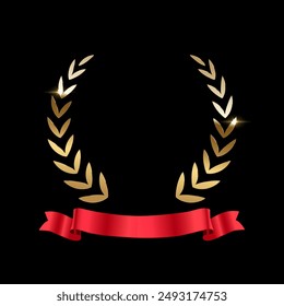 Gold laurel wreath with red ribbon and place for name of winner. Award icon. Champion reward. 3d realistic luxury leadership prize for awarding ceremony, competition, championship, best player, movie.