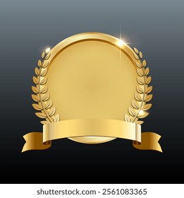 Gold Laurel Wreath with Ribbon. Award Badge for Winners and Champions. Elegant Vector Design.