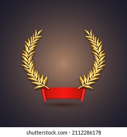 Gold laurel wreath with ribbon. Vector illustration.