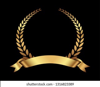 Gold laurel wreath with ribbon.Golden award label design.