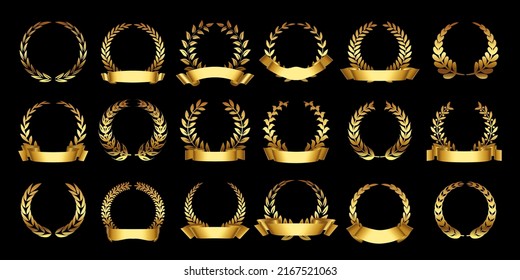 Gold laurel wreath. Roman trophy badge, golden branch emblem with leaves and ribbon, elegant laurels circle border vector set. Festival winner reward, championship elements isolated