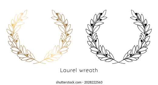 Gold laurel wreath. Set isolated on white background. Vector illustration.