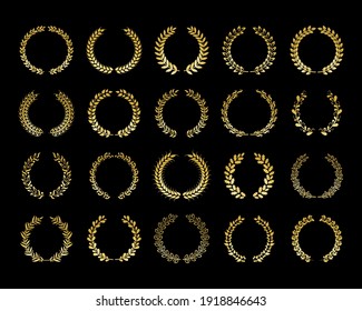 Gold Laurel Wreath set for logo design or decoration. Various gold frames isolated on black