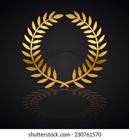 Gold laurel wreath with  shadow and reflection on black background.