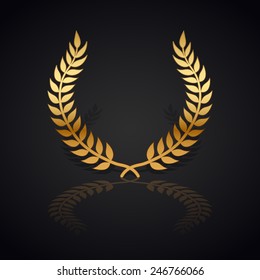 Gold laurel wreath with  shadow and reflection on black background.