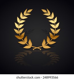 Gold laurel wreath with  shadow and reflection on black background.
