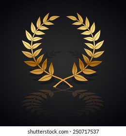 Gold laurel wreath with  shadow and reflection on black background.