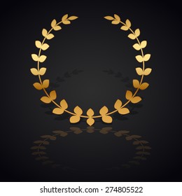 Gold laurel wreath with  shadow and reflection on black, vector illustration.