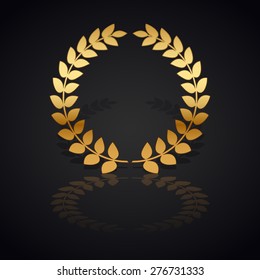 Gold laurel wreath with  shadow and reflection on black, vector illustration.