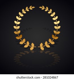Gold laurel wreath with  shadow and reflection on black, vector illustration.