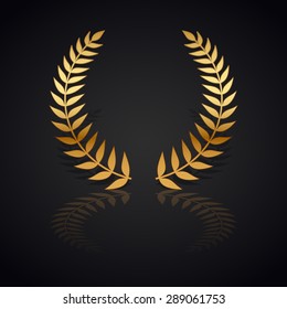 Gold laurel wreath with  shadow and reflection on black, vector illustration.