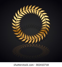 Gold laurel wreath with  shadow and reflection on black background.