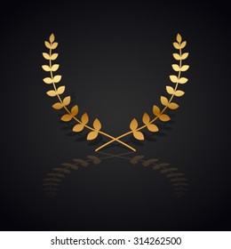 Gold laurel wreath with  shadow and reflection on black background.