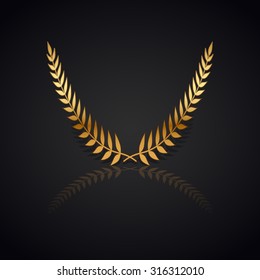 Gold laurel wreath with  shadow and reflection on black background.