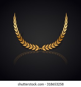 Gold laurel wreath with  shadow and reflection on black background.