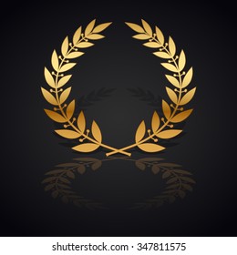 Gold laurel wreath with  shadow and reflection on black background.