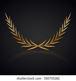 Gold laurel wreath with  shadow and reflection on black background.