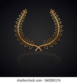 Gold laurel wreath with  shadow and reflection on black background.