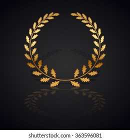 Gold laurel wreath with  shadow and reflection on black background.