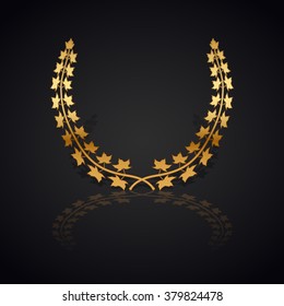 Gold laurel wreath with  shadow and reflection on black background.