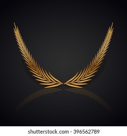 Gold laurel wreath with  shadow and reflection on black background.
