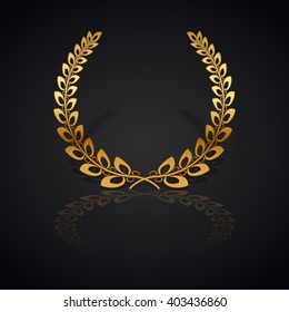 Gold laurel wreath with  shadow and reflection on black background.