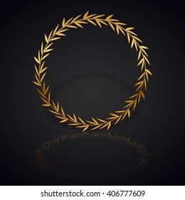 Gold laurel wreath with  shadow and reflection on black background.