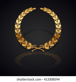 Gold laurel wreath with  shadow and reflection on black background.