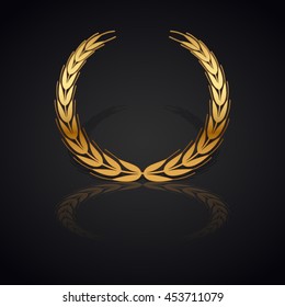 Gold laurel wreath with  shadow and reflection on black background.