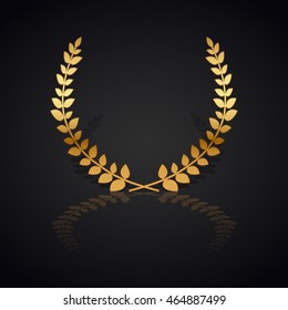 Gold laurel wreath with  shadow and reflection on black background.