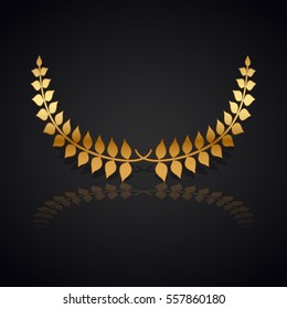 Gold laurel wreath with  shadow and reflection on black background.