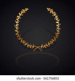 Gold laurel wreath with  shadow and reflection on black background.