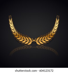 Gold laurel wreath with  shadow and reflection on black background.
