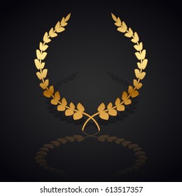 Gold laurel wreath with  shadow and reflection on black background.