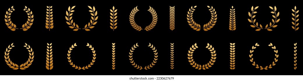 Gold Laurel Wreath Silhouette Icon Set. Golden Round Olive Leaves Branch. Success Circle Reward Pictogram. Chaplet Award Best Champion Symbol. Victory Vintage Emblem. Isolated Vector Illustration.
