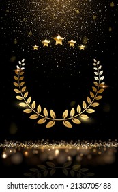 Gold laurel wreath, stars and falling glitter vector illustration. Realistic movie award, golden dust in festive glamour holiday poster, confetti rain from shiny particles on black background