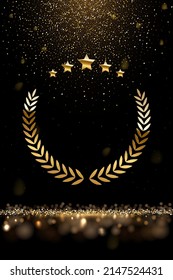 Leyenda de laurel de oro, estrellas e ilustración vectorial en caída. Premio de película realista, polvo dorado en afiche festivo de glamour, lluvia de confetti de partículas brillantes sobre fondo negro