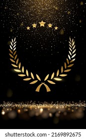 Gold laurel wreath, stars and falling glitter vector illustration. Realistic movie award, golden dust in festive glamour holiday poster, confetti rain from shiny particles on black background