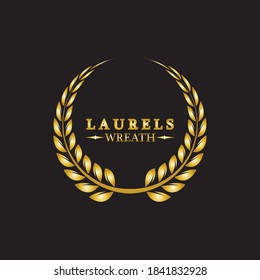 Gold laurel wreath. Symbol of victory and achievement. Design element for decoration of medal, award, coat of arms or anniversary logo. Golden leaf silhouette on black background. Vector illustration