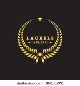 Gold laurel wreath. Symbol of victory and achievement. Design element for decoration of medal, award, coat of arms or anniversary logo. Golden leaf silhouette on black background. Vector illustration