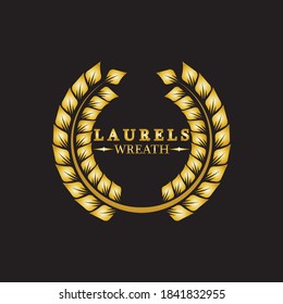 Gold laurel wreath. Symbol of victory and achievement. Design element for decoration of medal, award, coat of arms or anniversary logo. Golden leaf silhouette on black background. Vector illustration